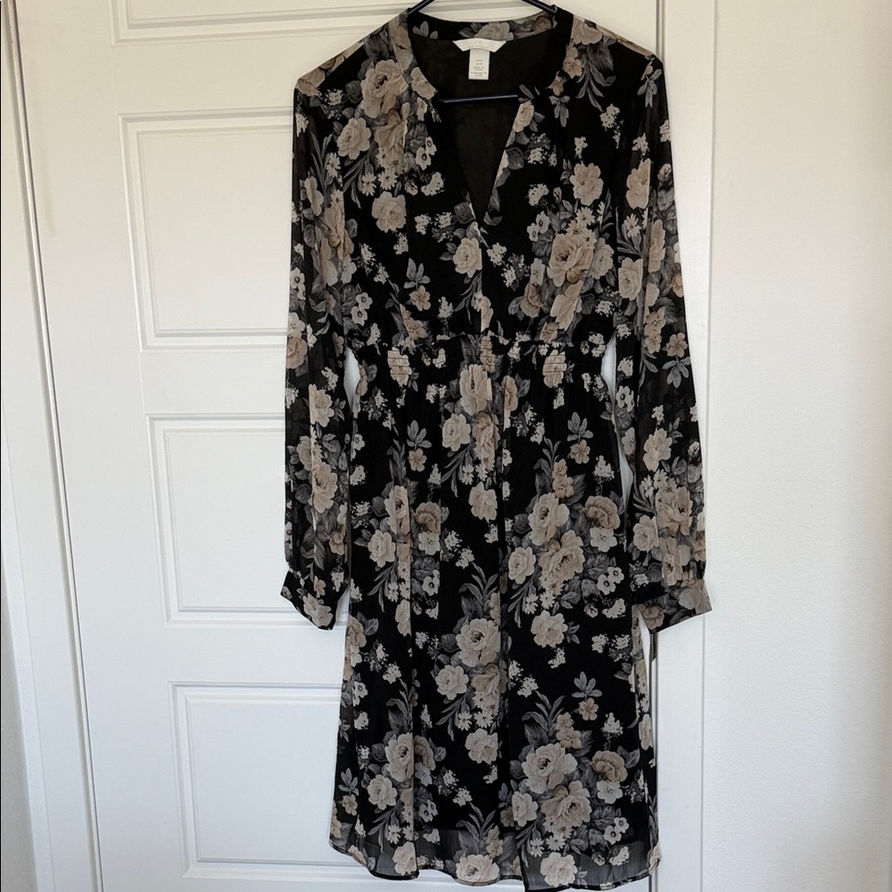 NWOT Floral Long-Sleeve Black and Beige Dress